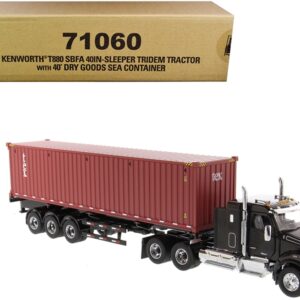 Kenworth T880 SBFA 40″ Sleeper Cab Tridem Truck Tractor Black Metallic with Flatbed Trailer and...
