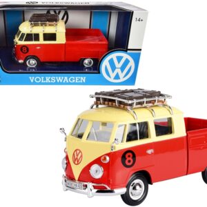Volkswagen Type 2 (T1) #8 Pickup Truck with Roof Rack and Luggage Red and Yellow 1/24 Diecast Model Car...