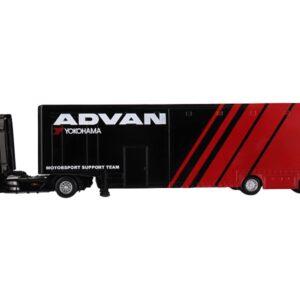 Mercedes-Benz Actros with Racing Transporter Red and Black “ADVAN” 1/64 Diecast Model Car...